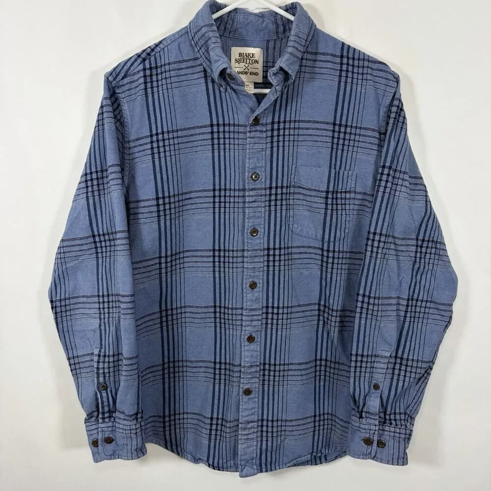 Blake Shelton X Lands End Button Down Flannel Shirt Mens Size Medium Blue Plaid